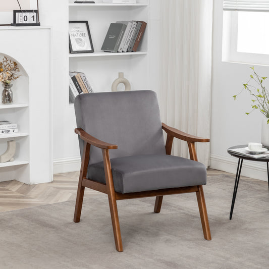 Accent Chair With Velvet Upholstery And Solid Wood Frame, Classic Mid-Century Modern Living Room Furniture For Extra Seating, Grey