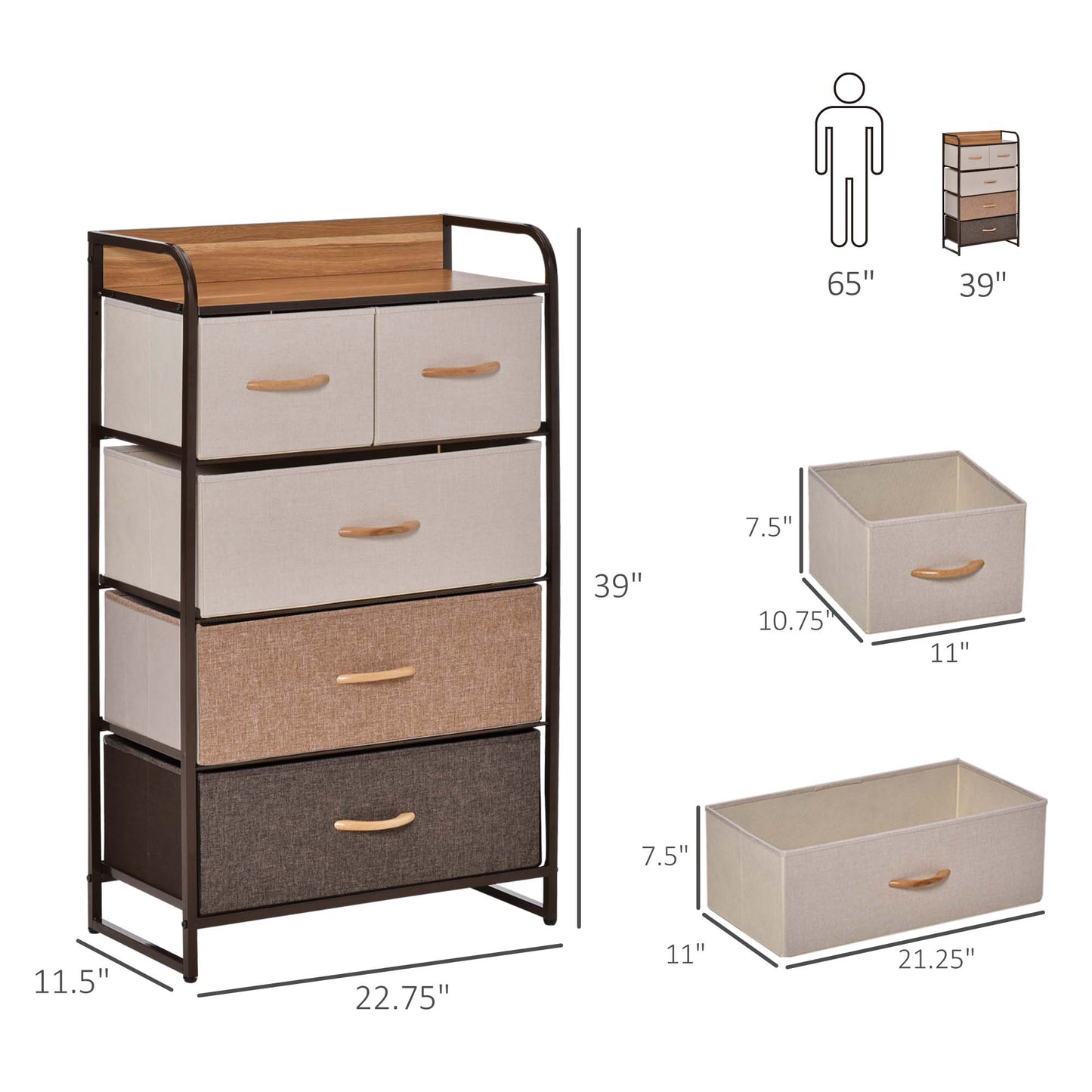 5-Drawer Fabric Dresser Tower, 4-Tier Storage Organizer With Steel Frame For Hallway, Bedroom, And Closet, Maple Wood