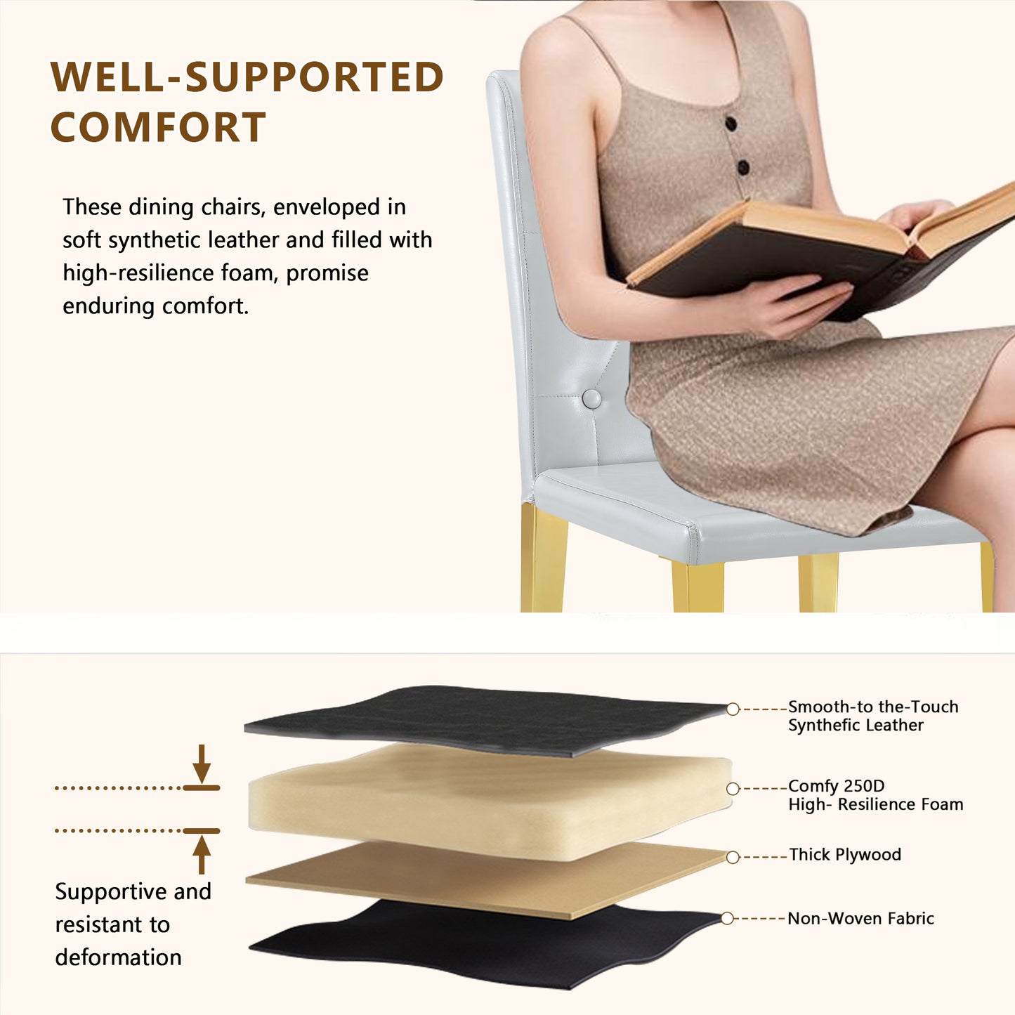 4-piece Set Of Light Grey PU Dining Chairs,Ergonomically Designed Buckle Backrest, 35 Inches High, Gold Metal Legs, Combining Comfort And Texture.Suitable For Family Restaurants, Banquet Hall, Etc.