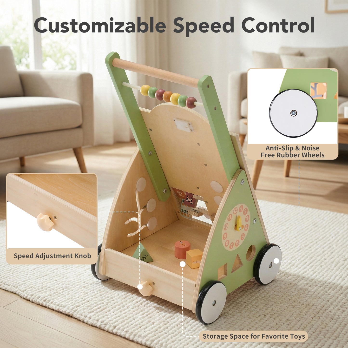 Wooden Baby Walker, Adjustable-speed Push-style Walker, Equipped With Montessori Activity Center, Silent Wheeled Baby Walking Toy