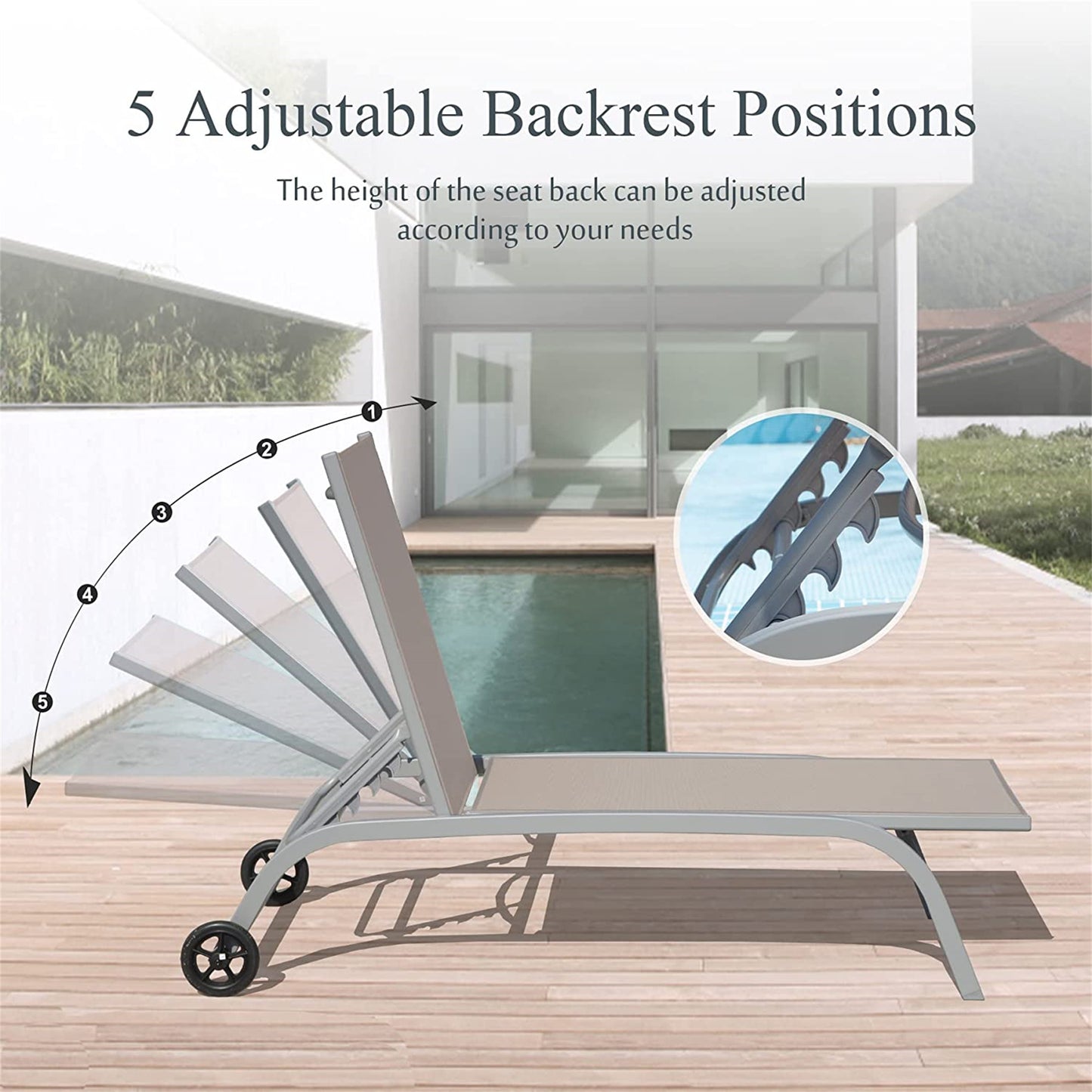 Chaise Lounge Outdoor Set Of 2, Lounge Chairs For Outside With Wheals, Outdoor Lounge Chairs With 5 Adjustable Position, Pool Lounge Chairs For Patio, Beach,Yard,Deck,Poolside Khaki, 2 Lounge Chairs