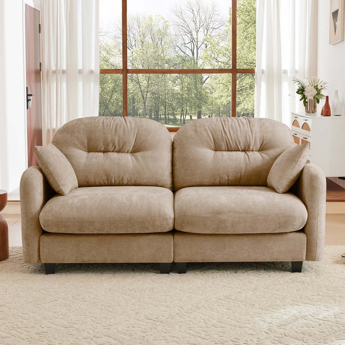 Loveseat Cloud Sectional Couches Chenille Fabric,Quilted Pleated Design, Ergonomic Design,High-Density Foam Easy Install Elegant Armrests High Quality Wooden Base,Fits Living Rooms,Camel
