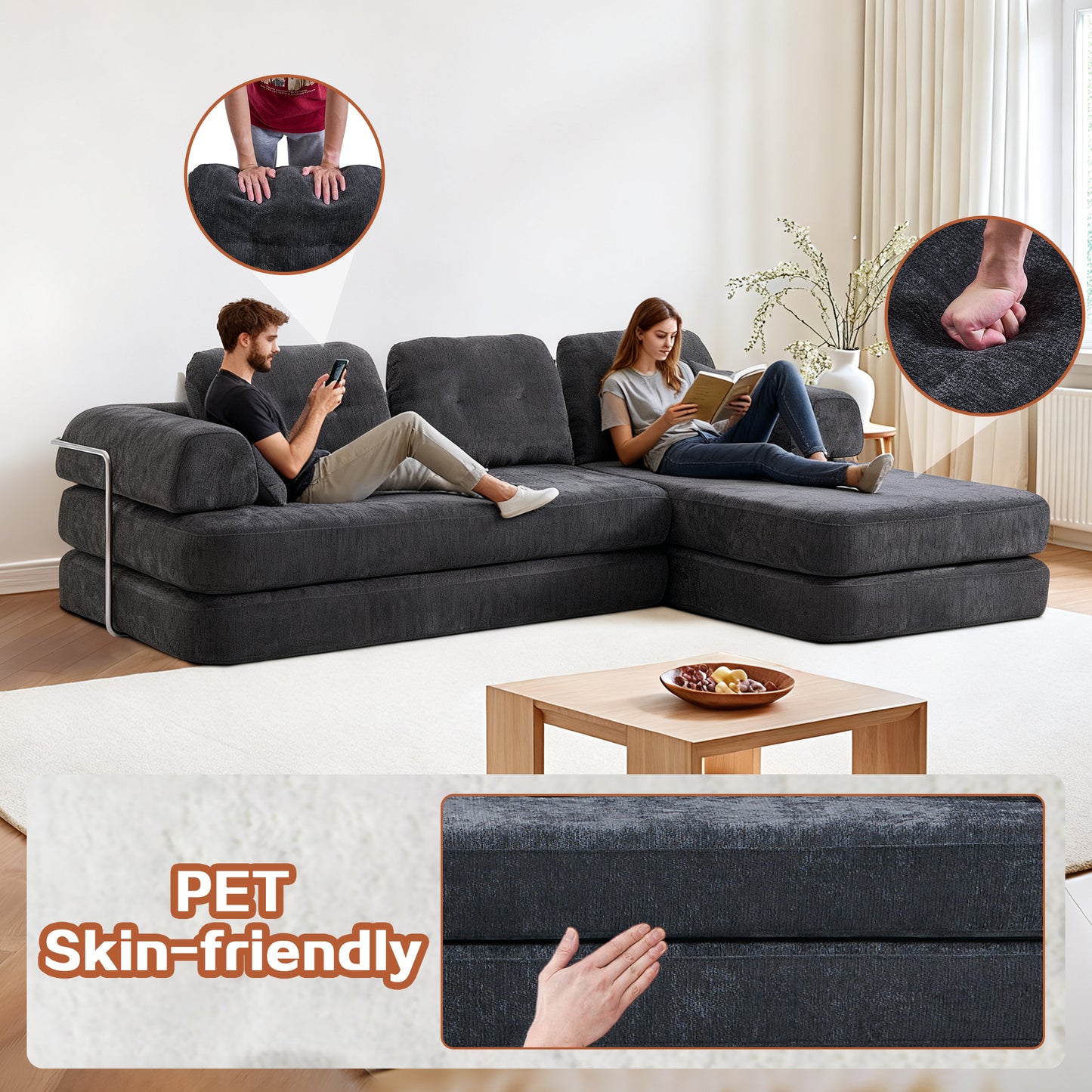 104  Boneless Sofa,Sectional Compressed Couch With Chaise, Deep Seat Modular Sectional Sofa Chenille Memory Foam Sofa Boneless Couches For Living Room Bedroom, No Assembly Required