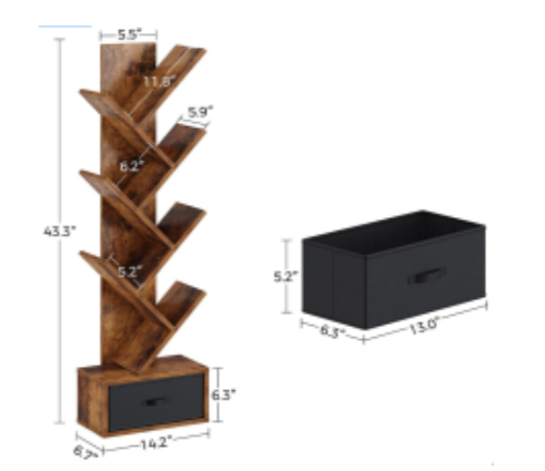 7-layer Tree Bookshelf, Tall And Narrow Wooden Bookcase, Standing Storage Rack For Corners And Small Spaces