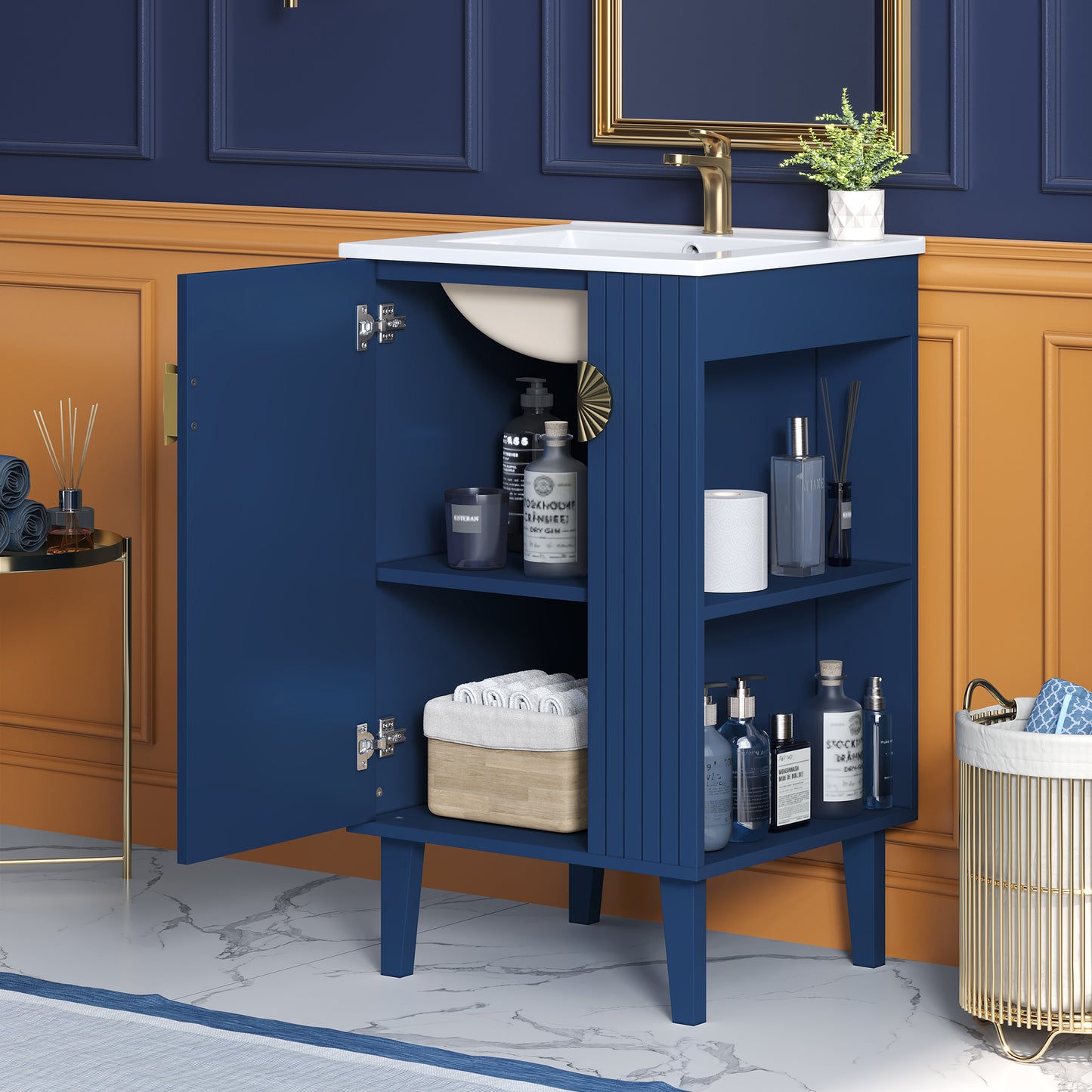 20-inch Bathroom Vanity With Ceramic Sink, Freestanding Single Vanity Set With Soft Closing Door, Chic Half-Moon Pulls, French Style, Blue