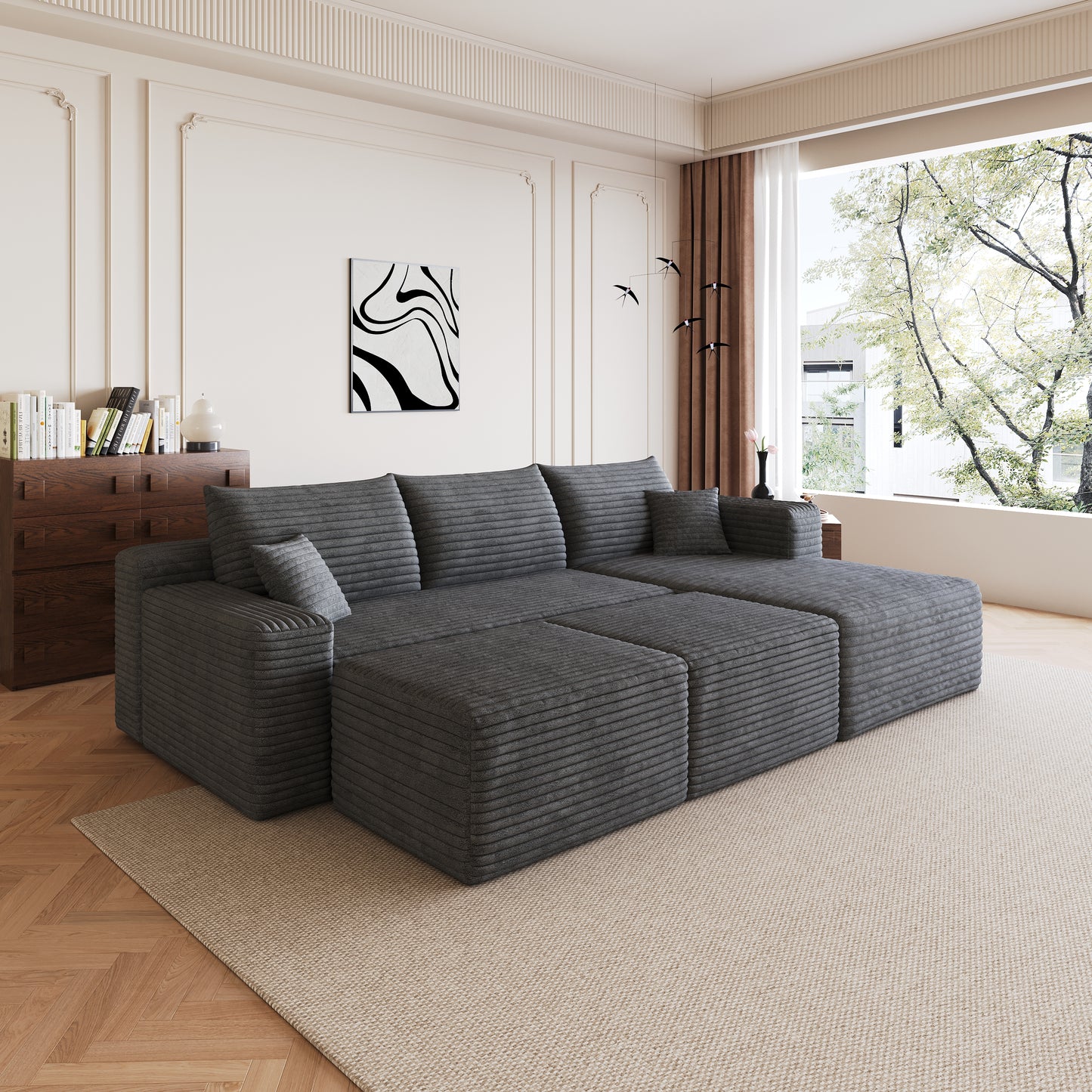 95  Cloud Sectional Sofa With 2 Ottoman,Modern Minimalist Upholstered Couches, Comfort U Shaped Sofa For Living Room,Deep Seat Corner Couch,No Assembly Required,Dark Grey Plush Corduroy Fabric