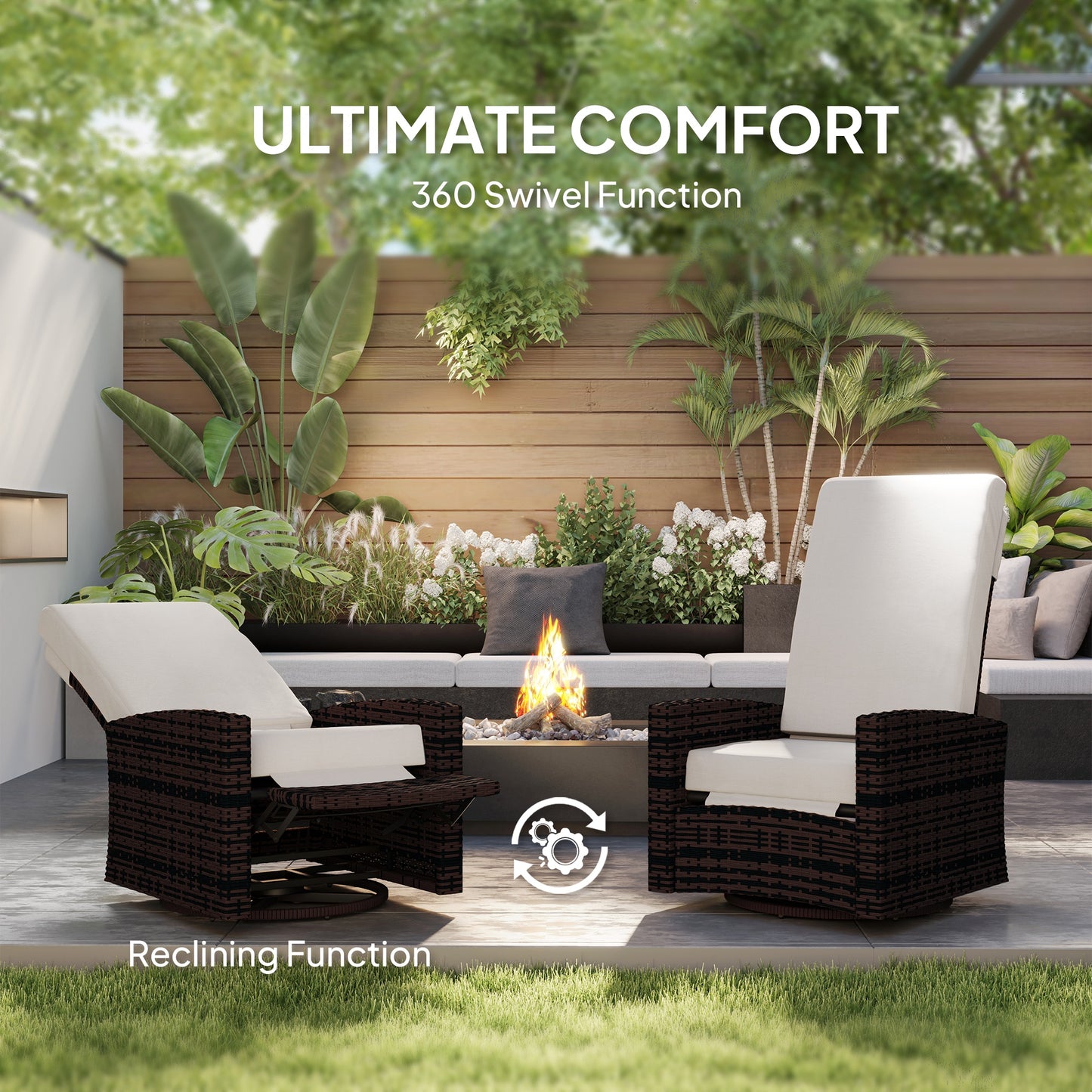 Outdoor Wicker Swivel Recliner Chair, Lifting Footrest, 360° Rotating Basic, Water-resistant Cushions, Khaki