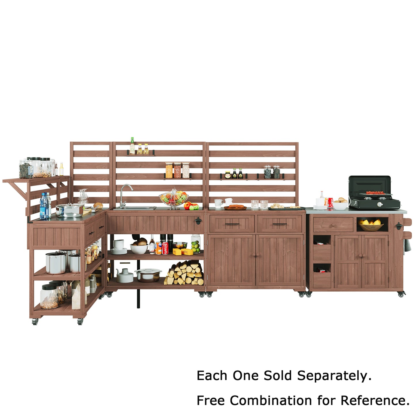 With Assembly Video  TOPMAx 41.7  Large Patio Rolling Kitchen Island Solid Wood Kitchen Cart With Sink  Garden Potting Bench With Stainless Table Top  2 Movable Shelves And 1 Bottle Opener Brown