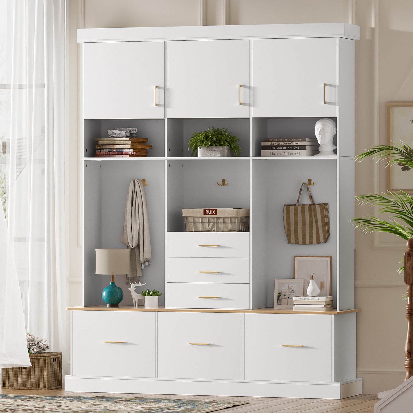 U-Can 75  H Entryway Hall Tree With Bench And Storage, 5-in-1 Modern Hall Tree With Coat Rack, 6 Drawers, 3 Cabinets And 3-Tier Top Storage For Hallway, Entryway, Living Room, Mudroom