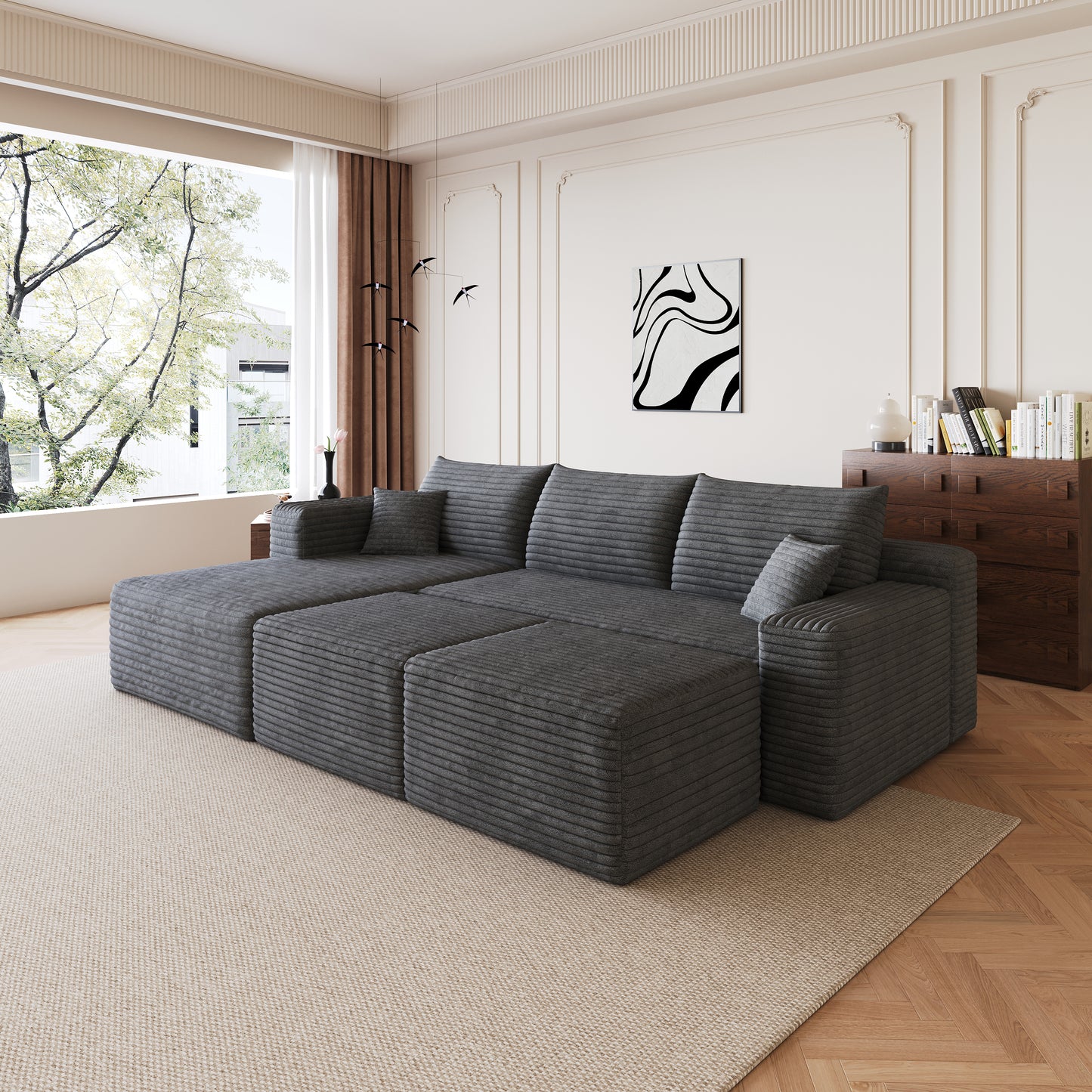 95  Cloud Sectional Sofa With 2 Ottoman,Modern Minimalist Upholstered Couches, Comfort U Shaped Sofa For Living Room,Deep Seat Corner Couch,No Assembly Required,Dark Grey Plush Corduroy Fabric