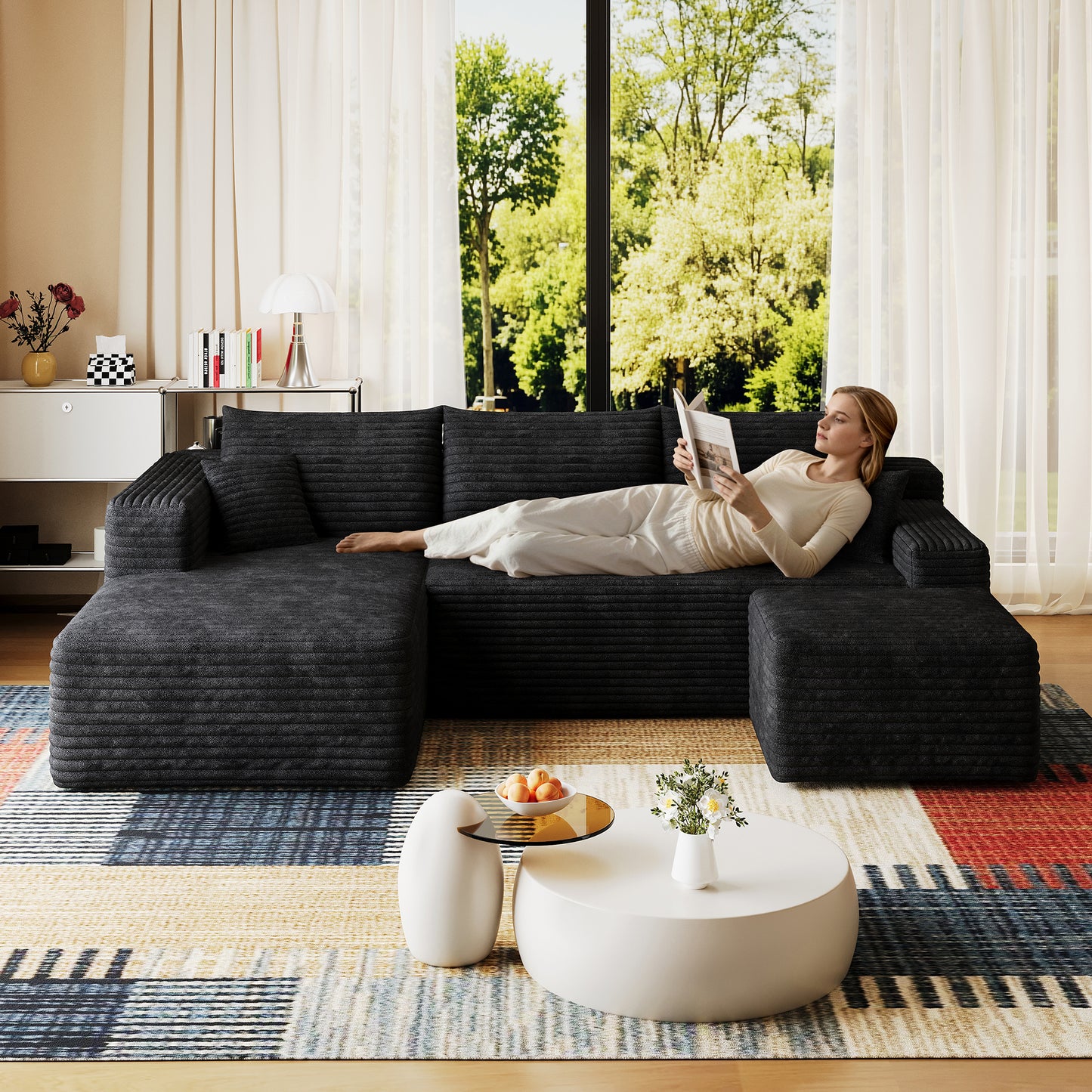 95  Cloud Sectional Sofa With 1 Ottoman,Modern Minimalist Upholstered Couches, Comfort U Shaped Sofa For Living Room,Deep Seat Corner Couch,No Assembly Required,Black  Plush Corduroy Fabric