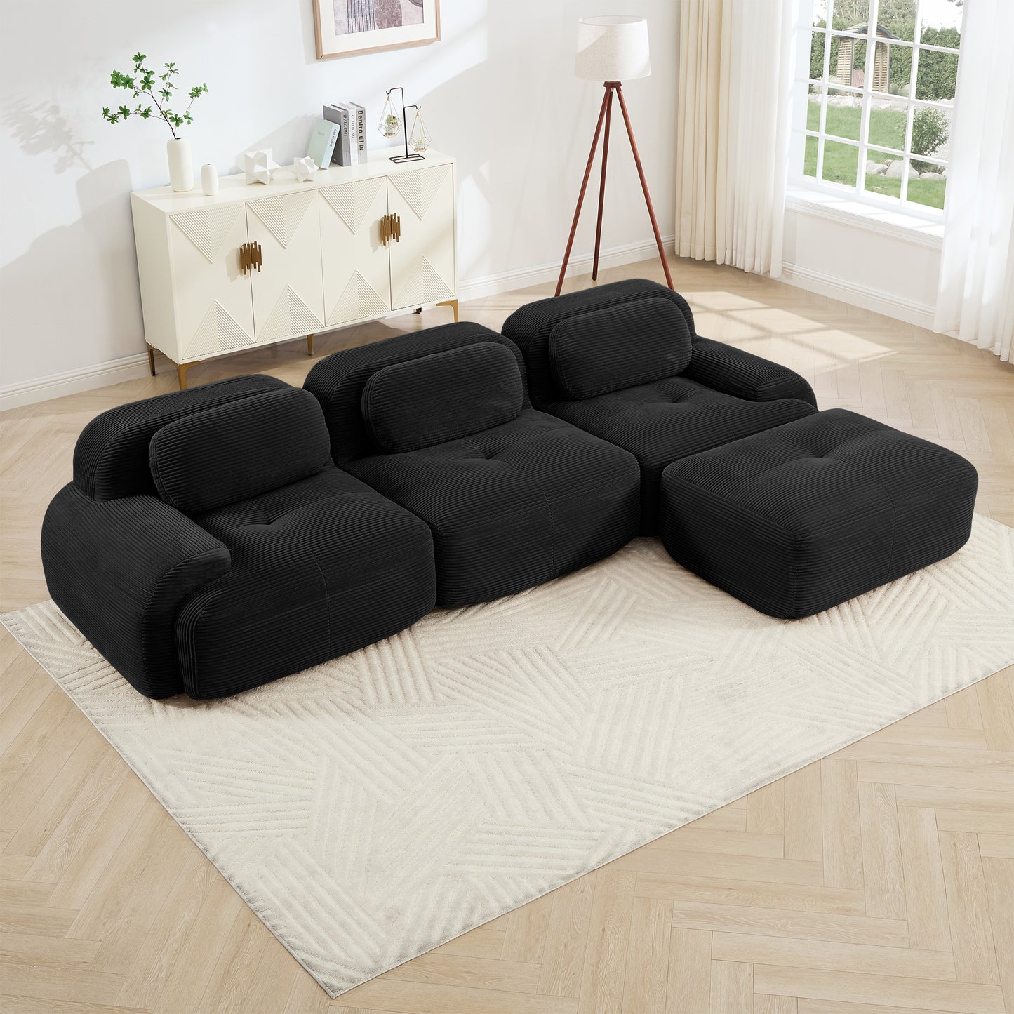 L-shaped Modular Sofa No Assembly Ergonomic Design Pet-friendly LuxuryCorduroy Fabric Fabric Extra-wide Curved Armrests 32D High-resilience Sponge For Living Rooms Bedroom ,Black