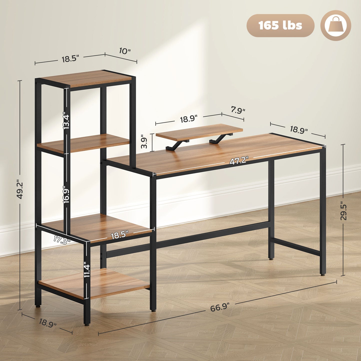 Computer Desk, 67" CPU Desk With Monitor Stand, Reversible 4-Tier Shelf, Industrial Writing Desk For Study Room, Brown