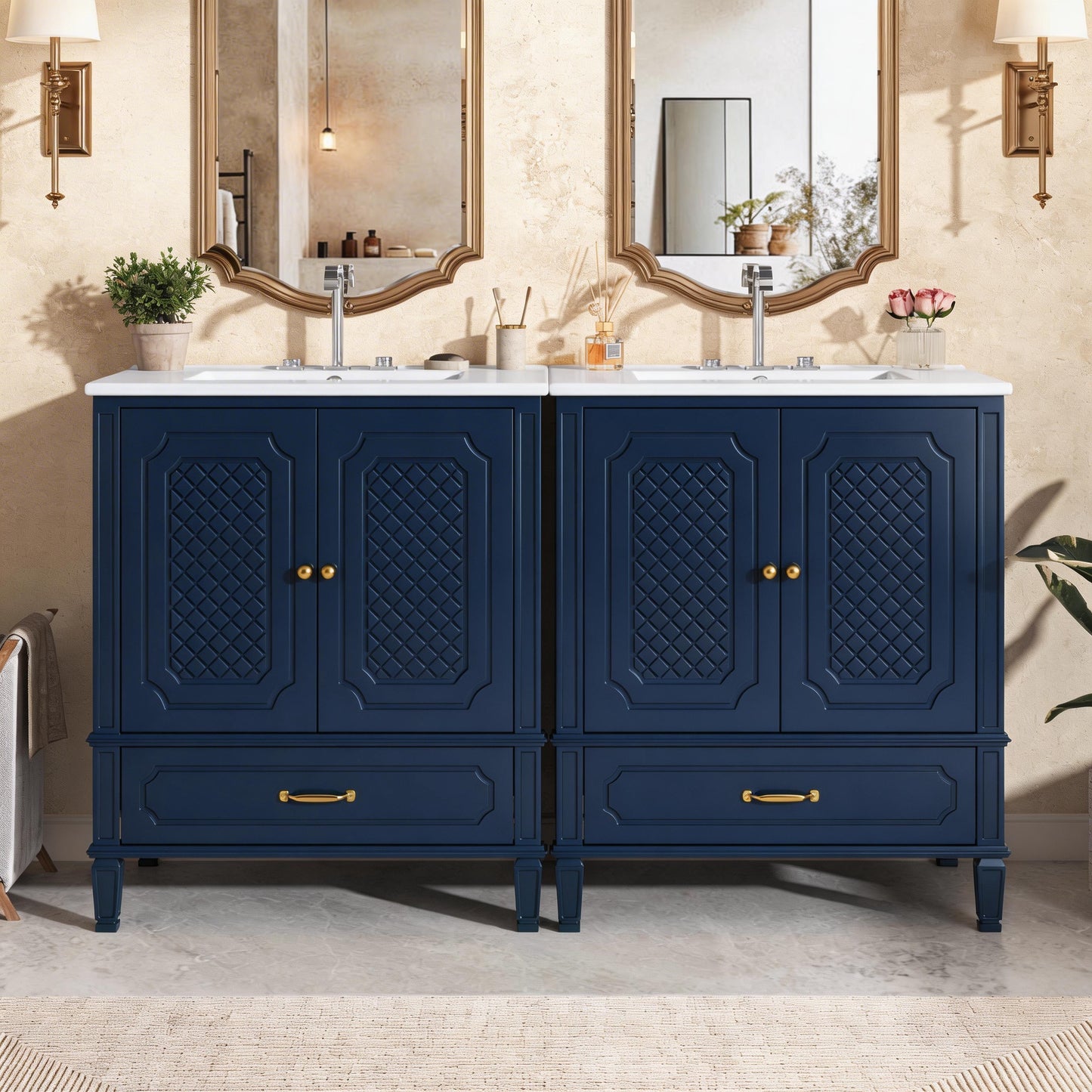 Video 60  Bathroom Vanity With Double Sink Combo Set, 2 Cabinet With Door Organizers, 2 Drawers, Blue