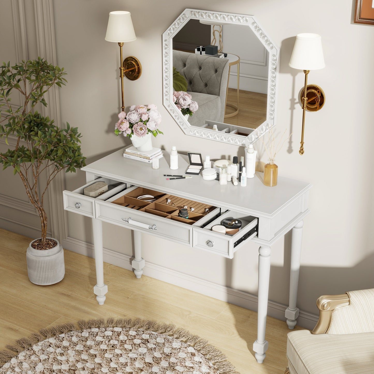 Retro Makeup Desk With Large Mirror, 3-Drawer Dressing Table For Jewelry Storage, Elegant Console Table For Bedroom, Living Room, Hallway & Foyer,White