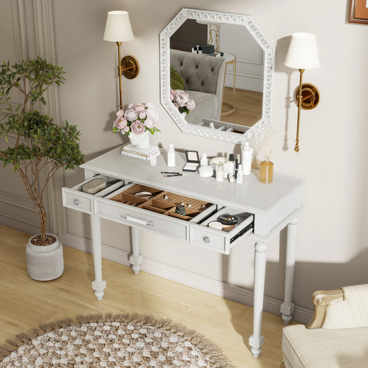 Retro Makeup Desk With Large Mirror, 3-Drawer Dressing Table For Jewelry Storage, Elegant Console Table For Bedroom, Living Room, Hallway & Foyer,White