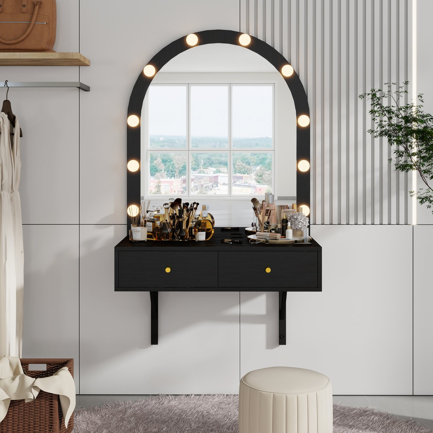 Floating Wall Mounted Makeup Vanity Desk With LED Mirror 3 Color Lights, Compact Dressing Table With Power Outlet & USB Charging, Space Saving Large Storage Vanity For Bedroom Bathroom, Black