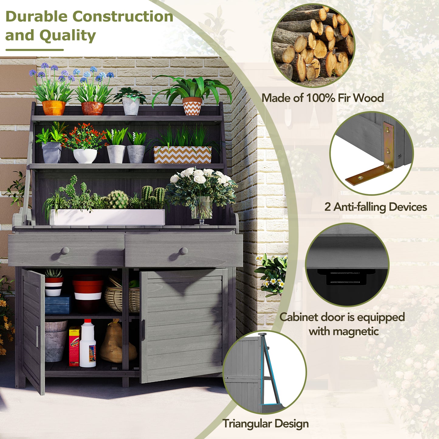 TOPMAx 65inch Garden Potting Bench Table  Fir Wood Workstation With Storage Shelf  Drawer And Cabinet  Gray