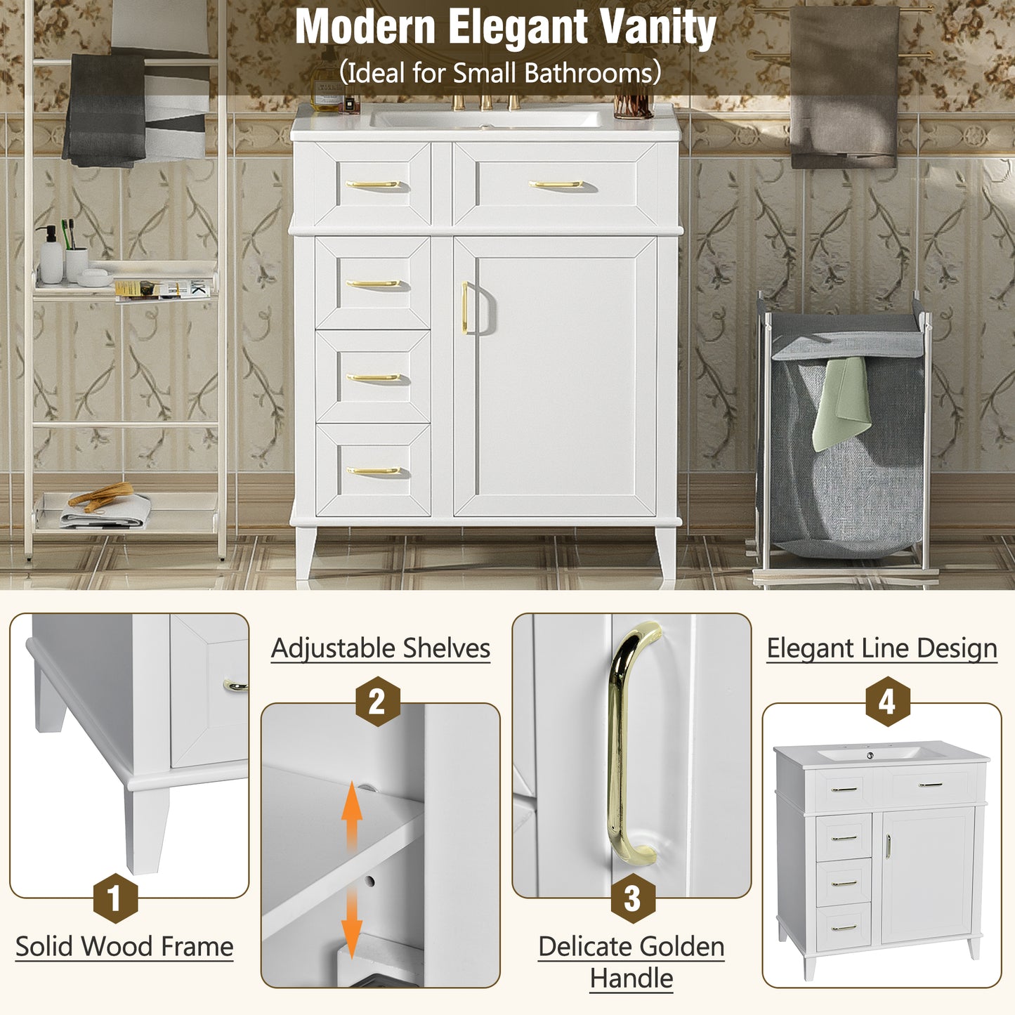 30-Inch Bathroom Vanity With Ceramic Sink, Adjustable Shelf, Soft Close Door, And Three Soft Close Drawers