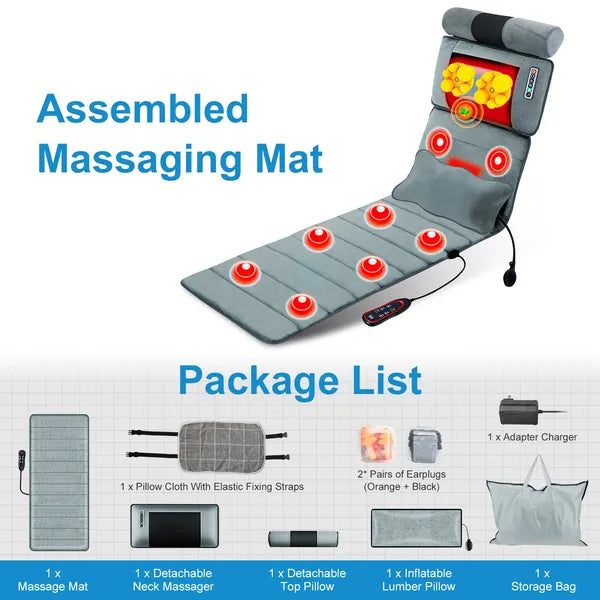 Full Body Electric Massage Mat With Heat Vibration Massage Pad Cushion Back Massage Mattress Chair Pad With Neck Massager Lumbar Pillow With 10 Vibration Motors 3 Timers Anti-Slip Bottom Earplugs