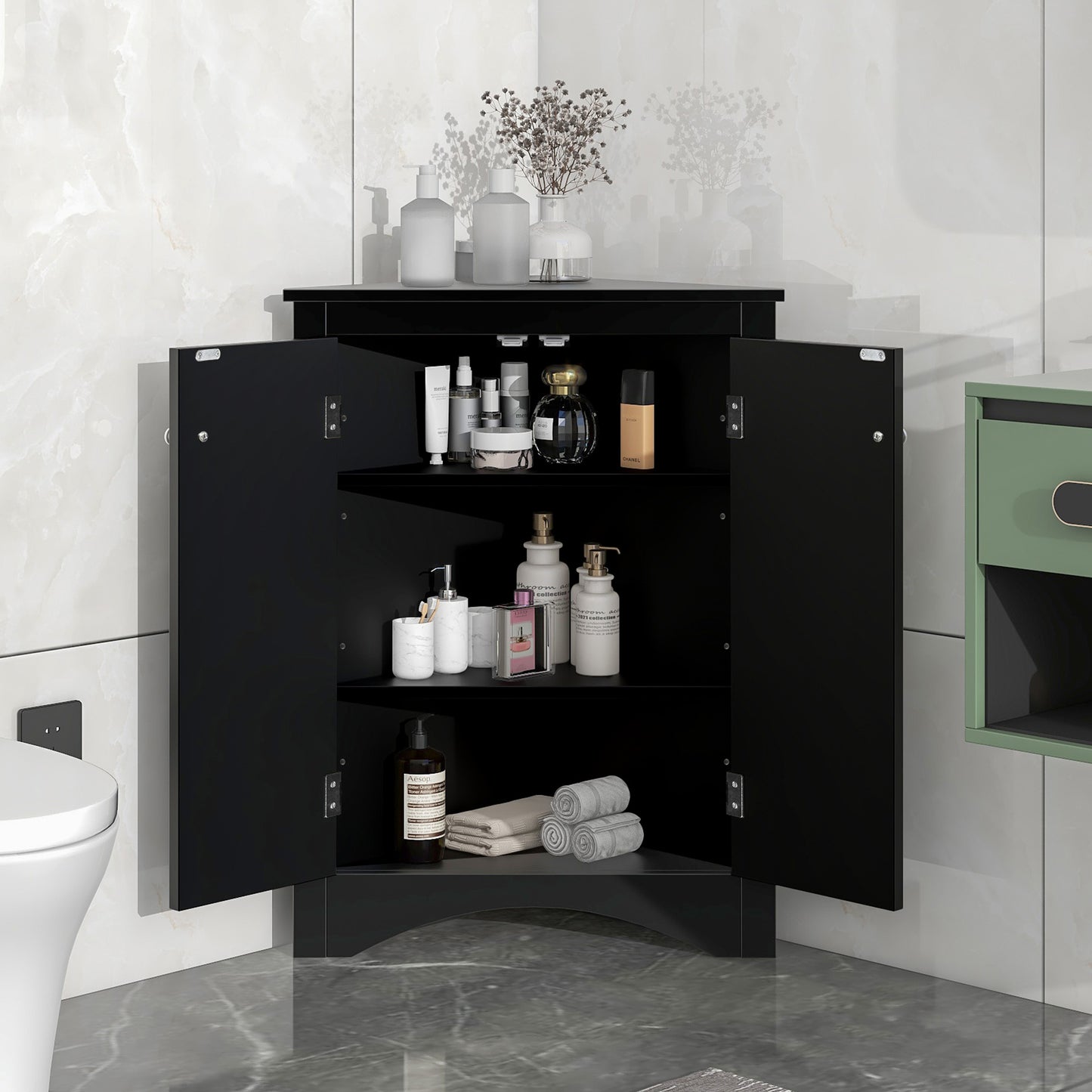 Black Triangle Bathroom Storage Cabinet With Adjustable Shelves, Freestanding Floor Cabinet For Home Kitchen