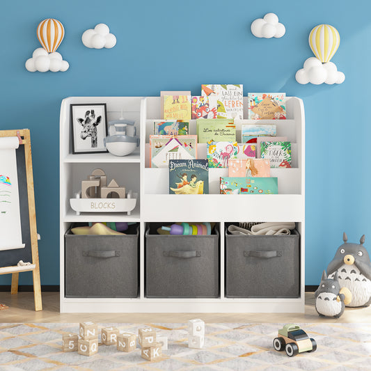 Kids Bookcase And Bookshelf, Multifunctional Bookcase With 3 Collapsible Fabric Drawers, Bookcase Display Stand, Toy Storage Organizer For Bedroom, Playroom, Hallway White Gray