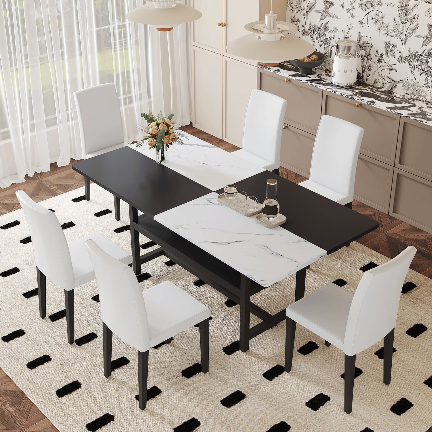 Table And Chair Set.71x35.4 Inch White And Black Spliced Dining Table With Storage Function In The Middle Of The Table Legs.Paired With 6 White PU Dining Chairs, Simple And Versatile.