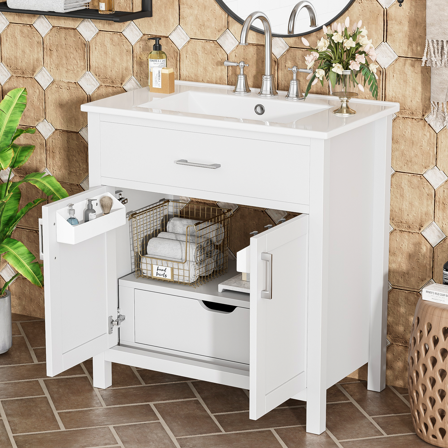 30-Inch  Bathroom Vanity With Ceramic Sink And Ample Storage - The Perfect Choice For Small Bathrooms