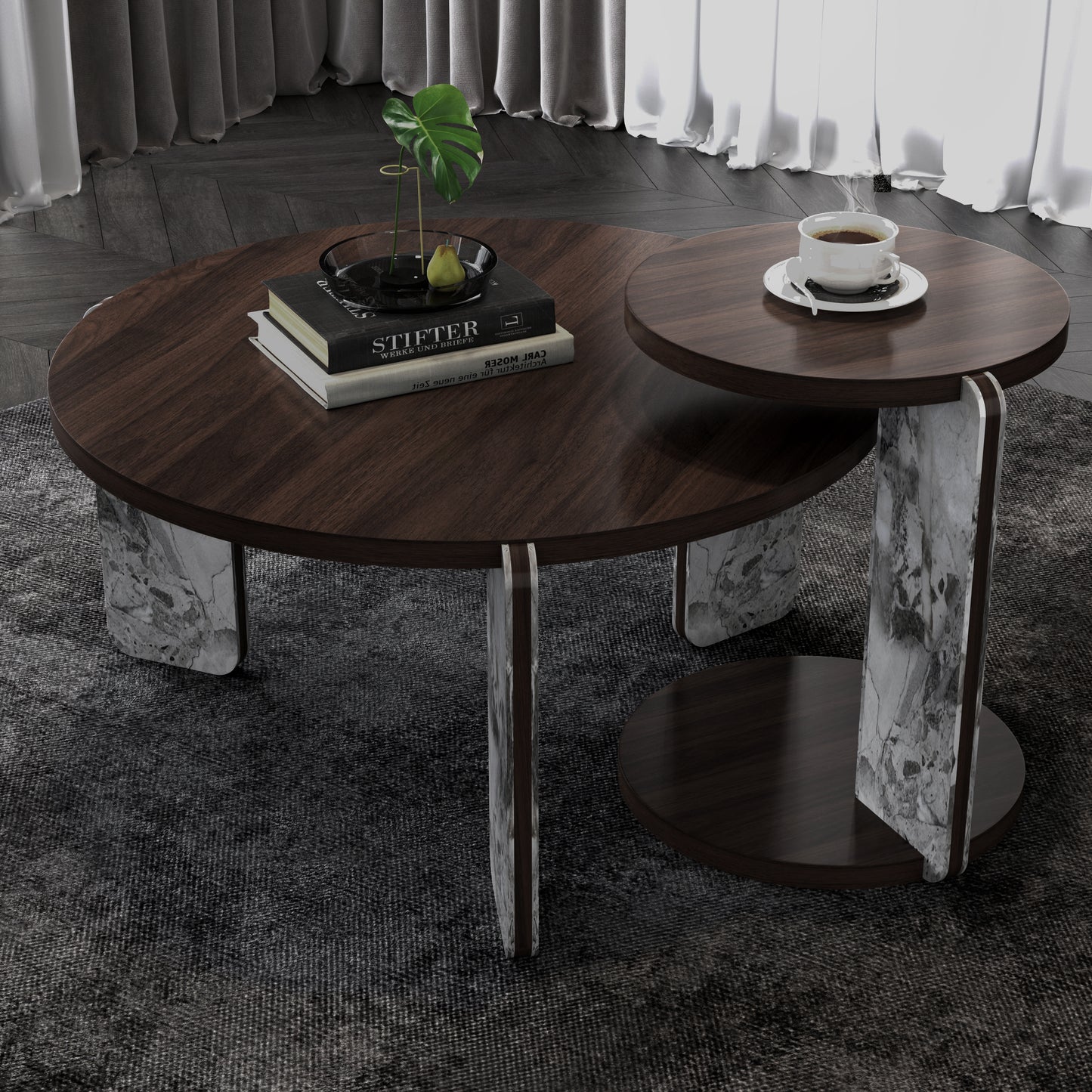 Modern Coffee Table With End Table Set, Durable Walnut Veneered MDF 83cm Diameter Center Table With A 43cm Diameter Side Table For Living Room, Study Room, Strong And Stable Sintered Stone Legs Base