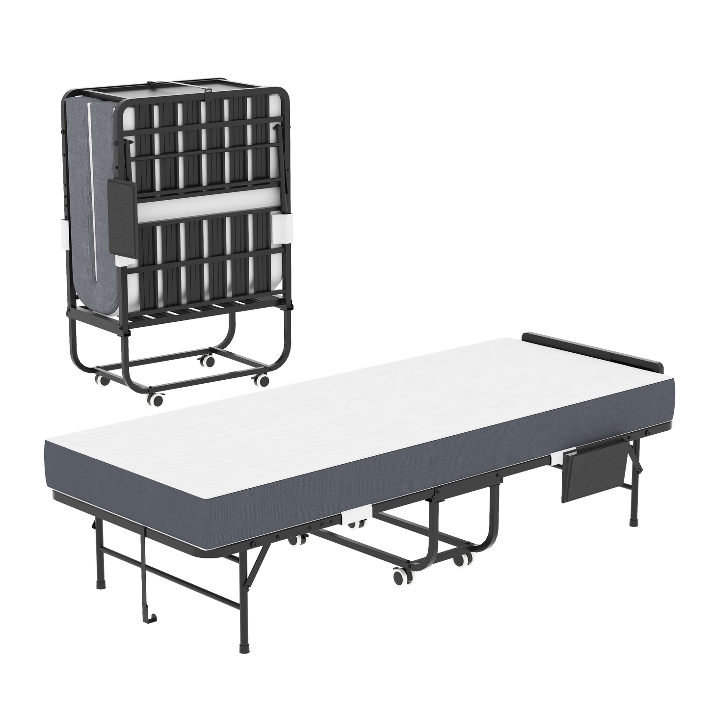 75 Folding Bed With Adjustable Headboard & 5 Memory Foam, Space Saving Rollaway Guest Bed For Tall People, Portable Twin Cot On Wheels, Easy Assembly