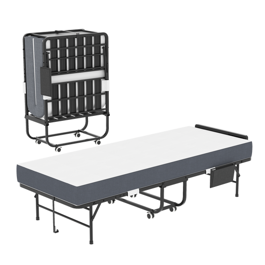 75 Folding Bed With Adjustable Headboard & 5 Memory Foam, Space Saving Rollaway Guest Bed For Tall People, Portable Twin Cot On Wheels, Easy Assembly