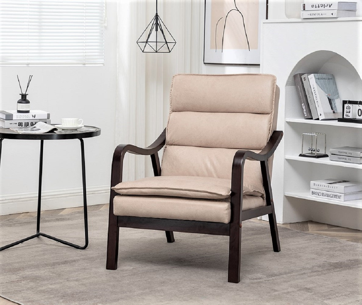 Mid-Century Modern Light  Accent Chair With Wood Armrest, Upholstered Reading Chair For Living Room Bedroom