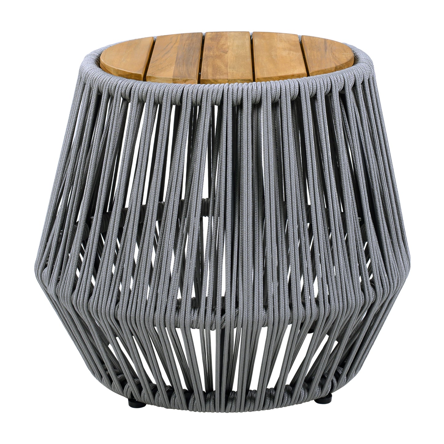 Acacia Wood Side Table With Grey Rope Base - Natural Teak Finish, Modern Coastal Accent For Patio, Garden, Balcony & Indoor Use