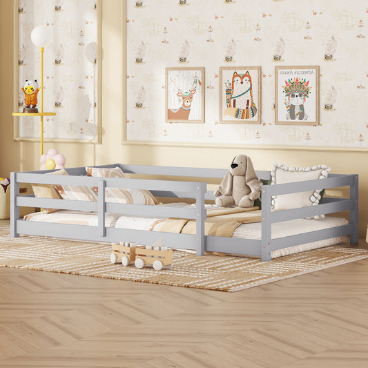 Twin Size Floor Bed, Montessori Floor Bed With Fence, Kids Montessori Bed Twin Size, Wood Montessori Floor Bed For Kids, Girls, Boys ,GRAY.