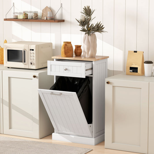 Kitchen Tilt Out Trash Bin Cabinet Free Standing Recycling Cabinet Trash Can Holder With Drawer, White