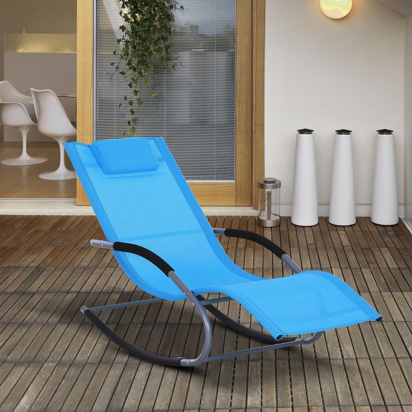 Zero Gravity Rocking Chair Outdoor Chaise Lounge Chair Recliner Rocker With Detachable Pillow And Weather-Fighting Fabric For Patio, Deck, Pool, Light Blue