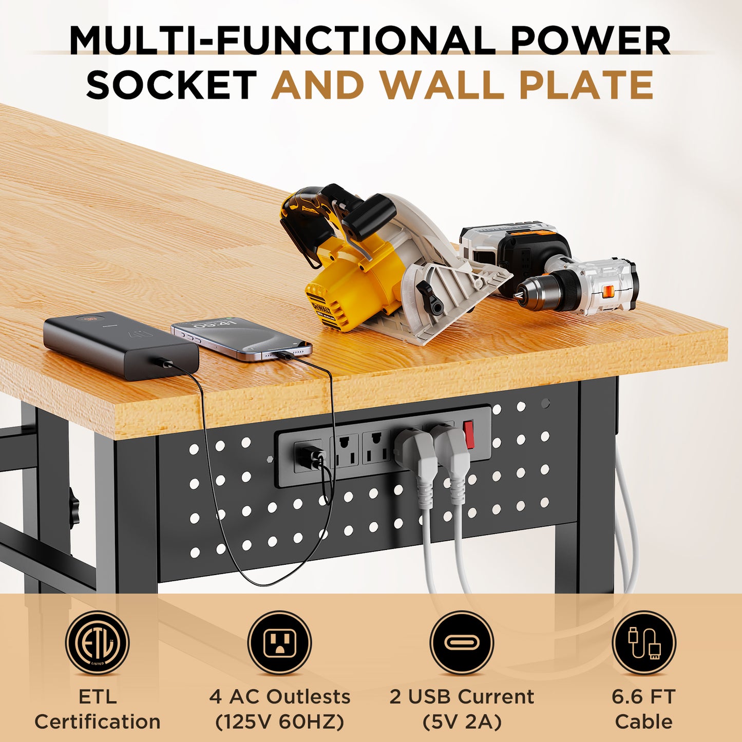 96in Adjustable Workbench With Side Pegboard, Solid Wood Top, 2000 Lbs Capacity, Adjustable Height Garage Work Table With Power Outlet, Storage Box, Wheels Or Leveling Feet