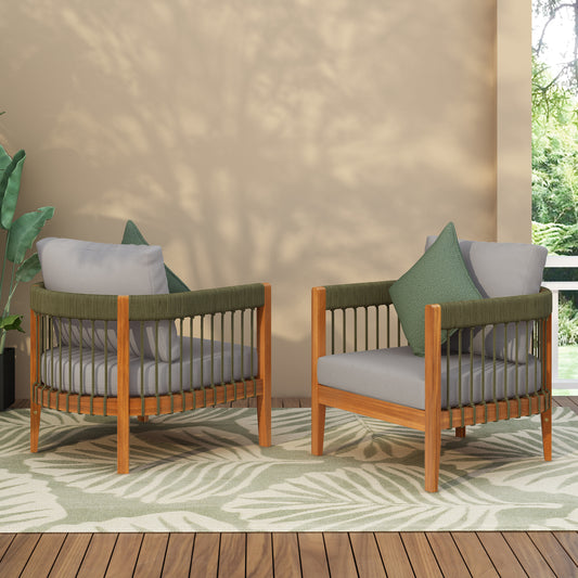 Acacia Wood Outdoor Club Chair With Handwoven Rope Accents & Curved Backrest - Water-Resistant Boho Patio Lounge Chair With Removable Cushions For Porch, Garden