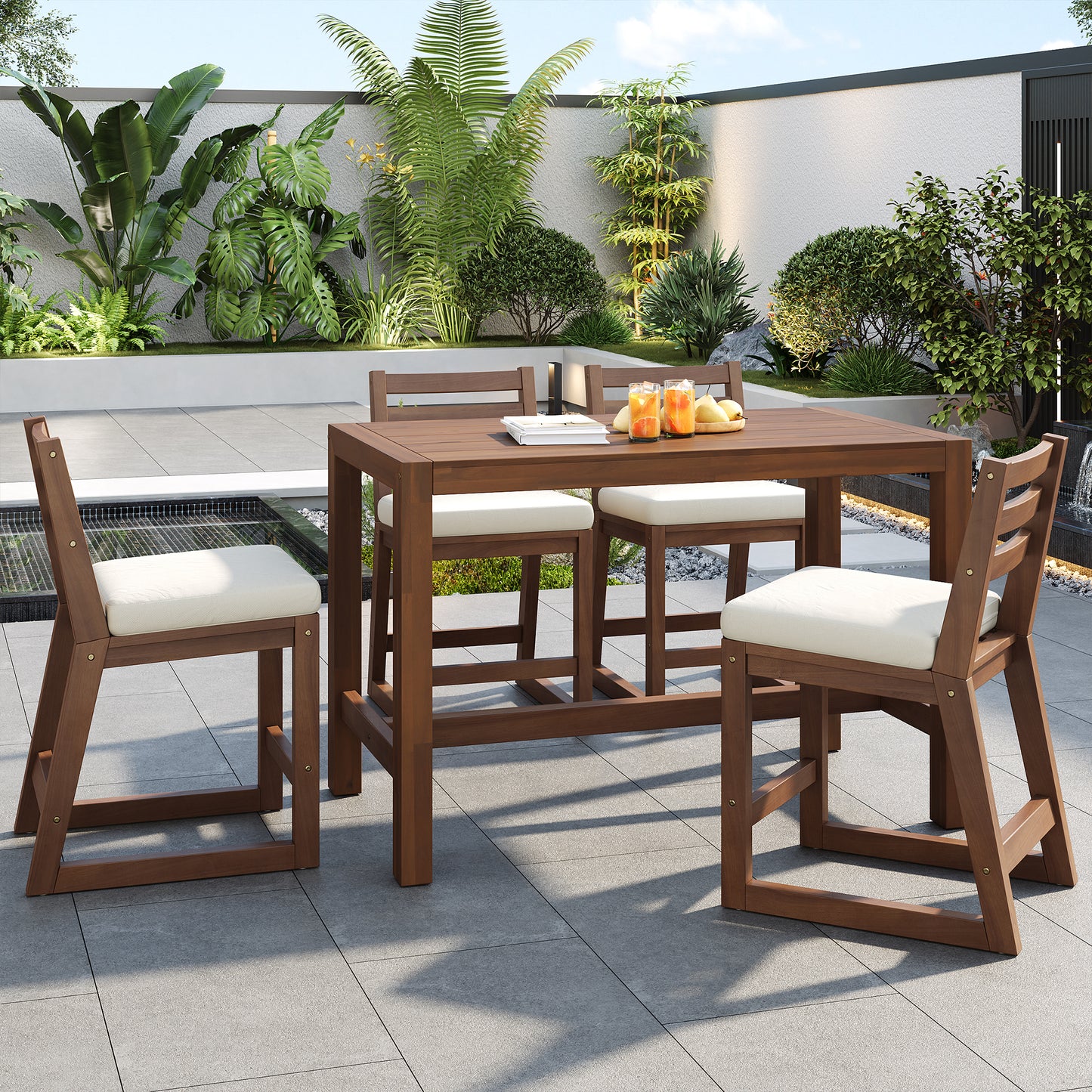 TREXM 5-Piece Rustic Patio Bar Set  Patio Table And Chairs Set With Ergonomic Chairs  Solid Wood Slatted Tabletop For Poolside  Balcony  Backyard  Porch  Mocha Beige Cushion