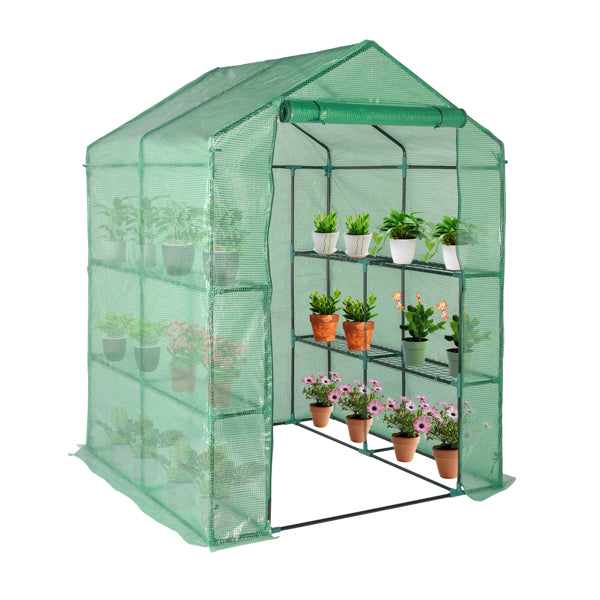 143x143x195cm Black Iron Pipe Steeple With 8 Pieces Grid Flower Stand With Zipper Rolling Door PE Cloth Greenhouse    SAME AS 54690859