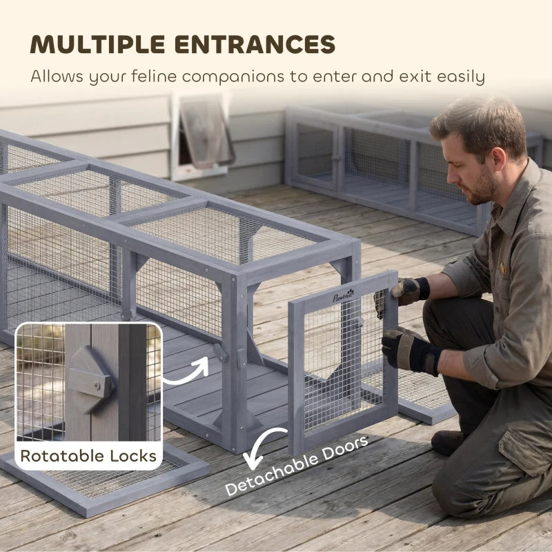 PawHut Wooden Cat Run With Weather Protection, Connecting Inside And Outside, Dark Gray