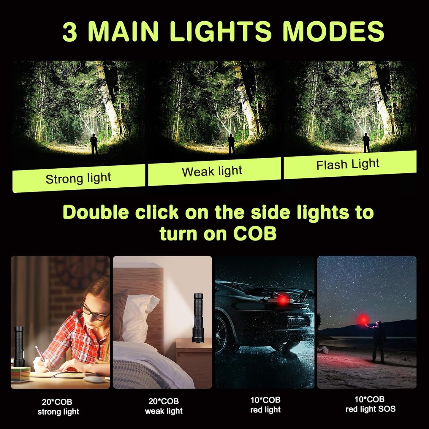 LED Rechargeable Torch 10,000 Lumens, Very Bright Flashlight, Flashlight, USB, 4 Light Modes, Zoomable, IPX4 Waterproof For Camping