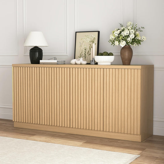 Buffet Cabinet With Storage, 62.60 Sideboard Cabinet With 4 Doors & Shelves, Wooden Kitchen Coffee Bar Credenza Storage For Living Room, Hallway Natural
