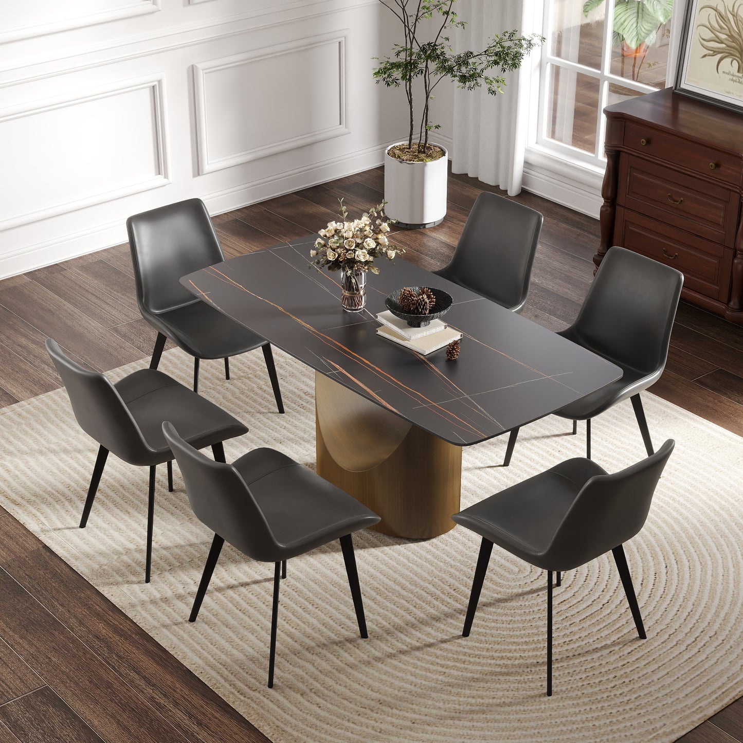63  Modern Artificial Stone Curved Black Panel Bronze Iron Metal Legs-Can Accommodate 6-8 People