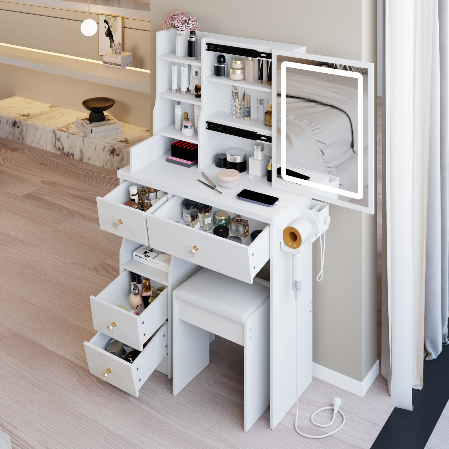 29.2 Small Size Drawer Desktop Vanity Table  Cushioned Stool, 2 AC-2 USB Power Station, Hair Dryer Bracket, Extra Large Touch Control Sliding LED Mirror, 3-color Switching, EPA, GCC, UL Certificate