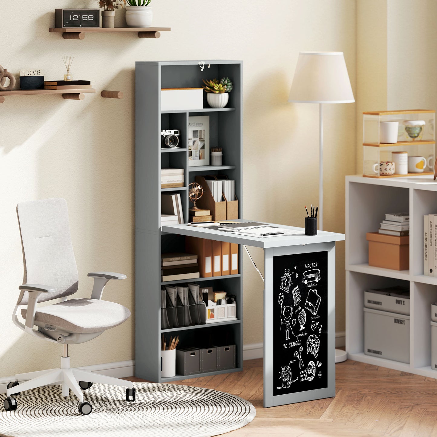 Fold-out Convertible Office Desk, Wall Mount Computer Desk With Blackboard And Side Shelf, Charcoal Gray