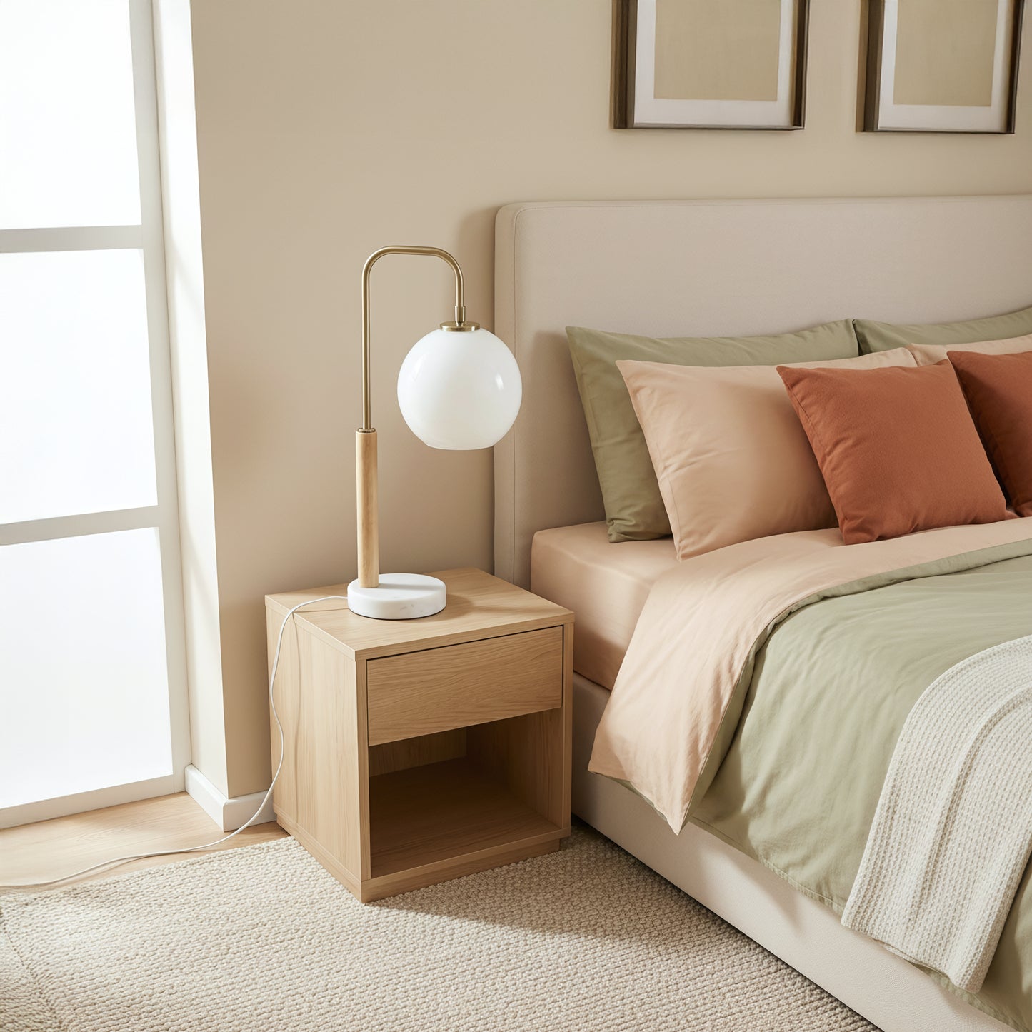 Bedroom Table Lamp Nordic Home Creative Romantic Warm Marble Study Room Desk Bedside Lamp, Auris White Globe Lampshade Table Lamp With Marble Base 110V