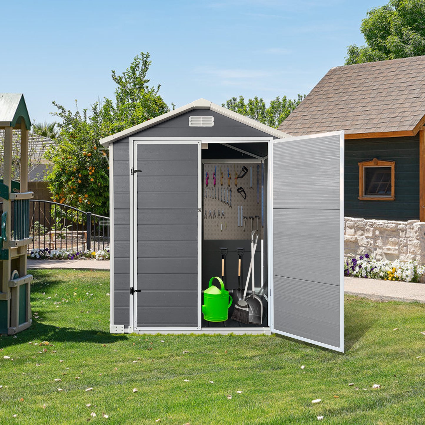 6x4 Ft Plastic Outdoor Storage With Floor And Lockable Door Plastic Garden Shed For Backyard, Lawn, Gray