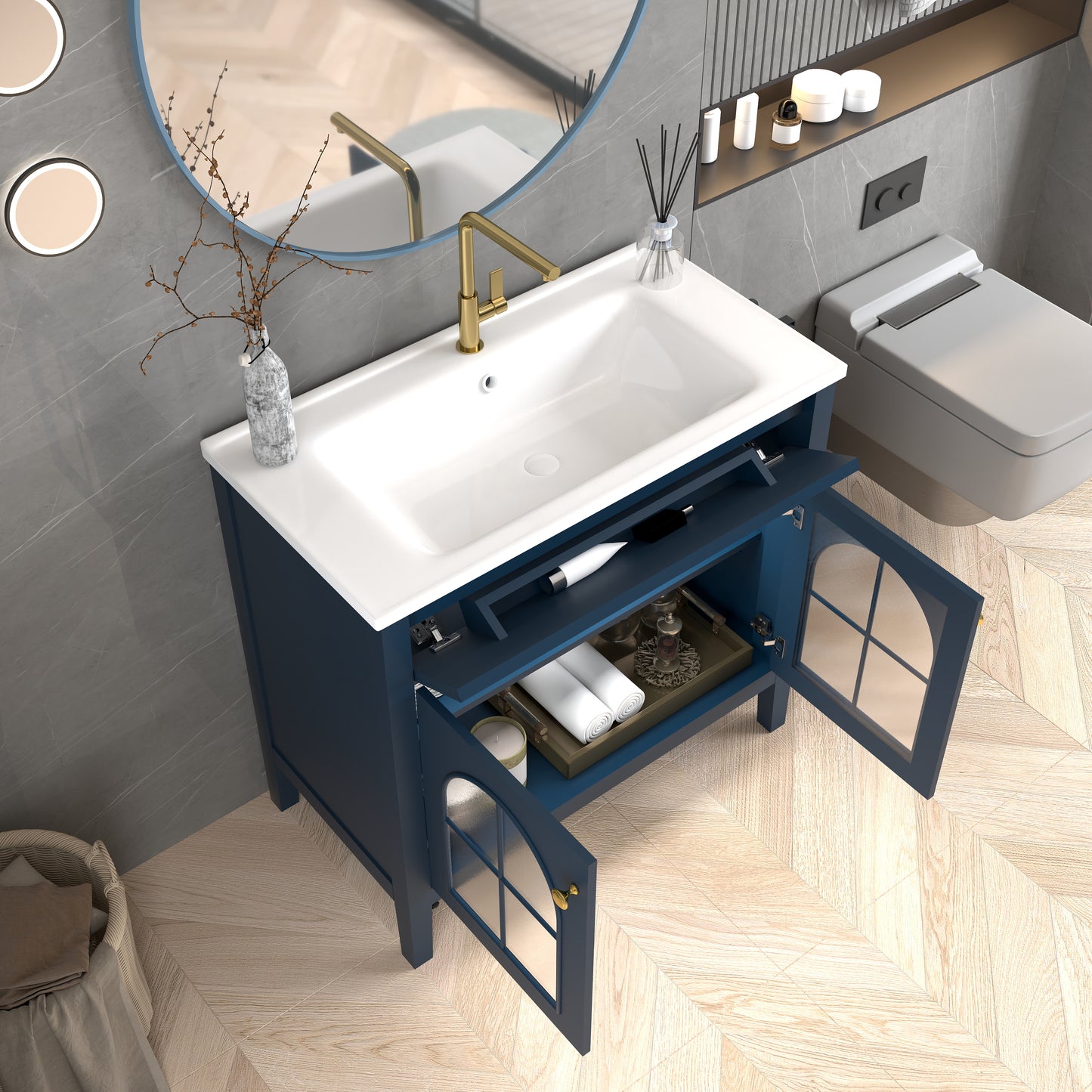 35.6  Mid-Century Bathroom Vanity Sink With Patterned Glass & Motion-sensor Light Strip, Farmhouse Freestanding Bathroom Vanity Sink With Storage, High-end Restroom Vanity Cabinet,Blue