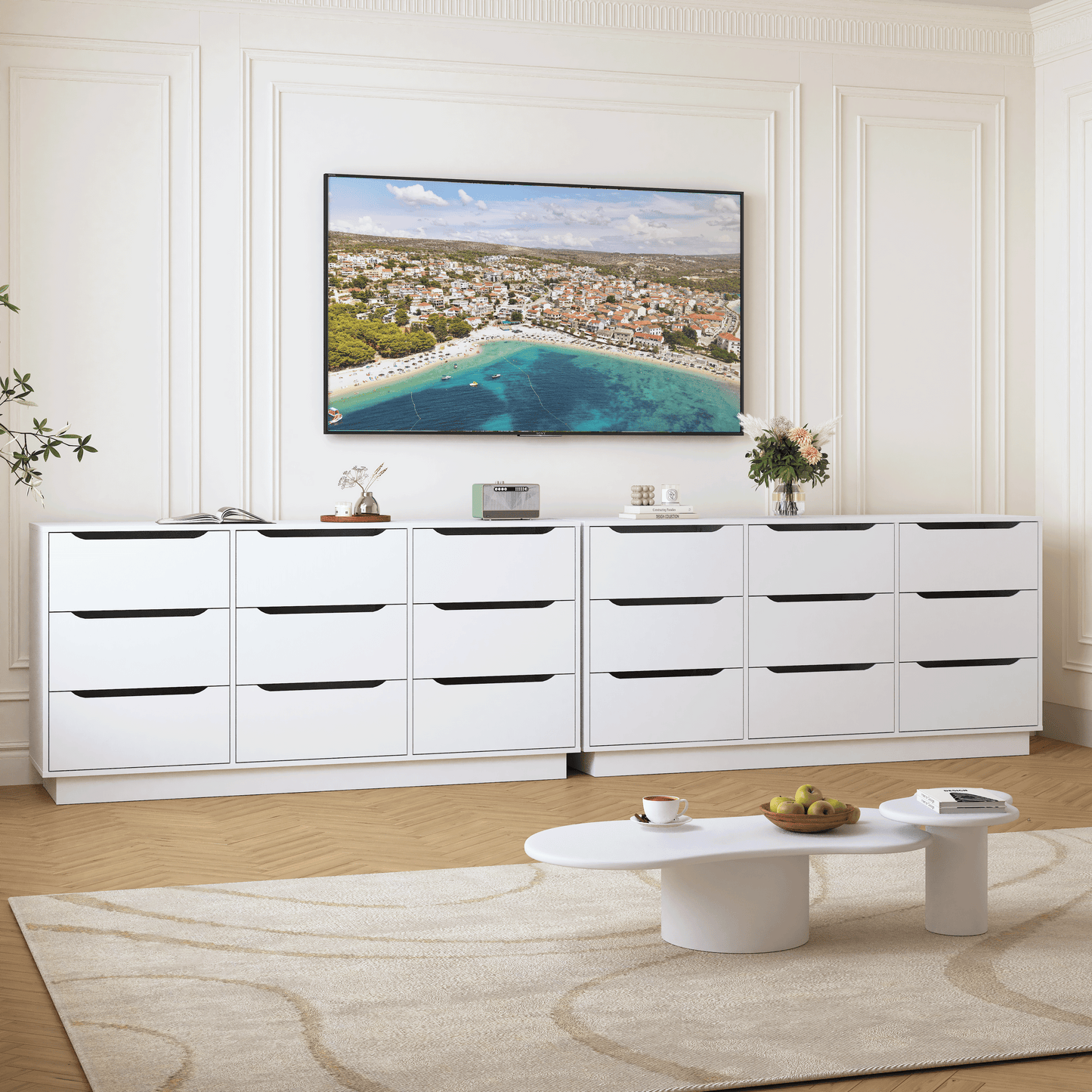 9 Drawer Dresser For Bedroom With Deep Drawers, Large Floor Wood Dressers & Chest Of Drawers , Modern White Long Dressers For Closet Living Room
